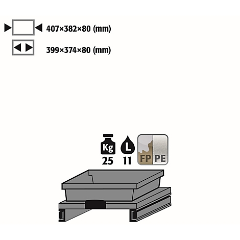 Grey plastic box, with dimensions, weight, and volume.