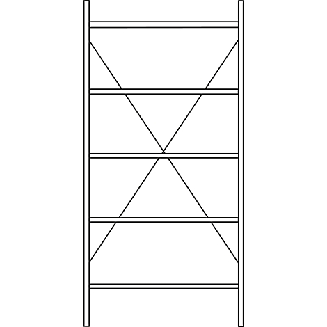 Black and white illustration of a scaffold frame with diagonal bracing and horizontal struts.