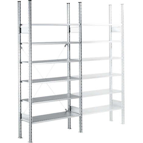 Metal shelving unit with multiple shelves, isolated against a white background.