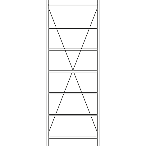 Black and white image of a scaffold consisting of horizontal bars and diagonal struts.