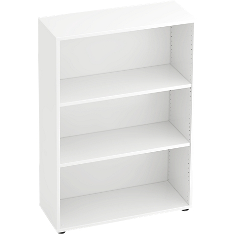 A white bookcase with three shelves. It stands on black feet.