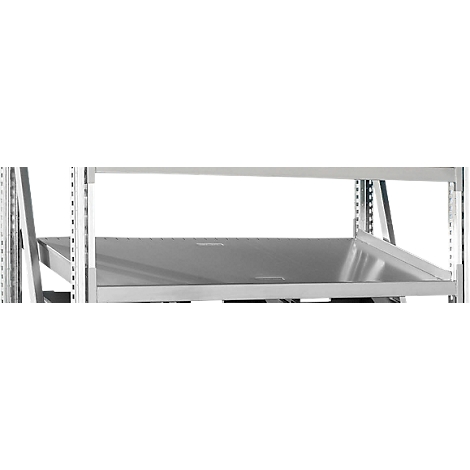 Close-up of a metal shelf with several shelves.