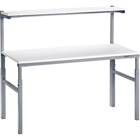 White workshop table with a second shelf, gray frame. Well suited for workshop work.