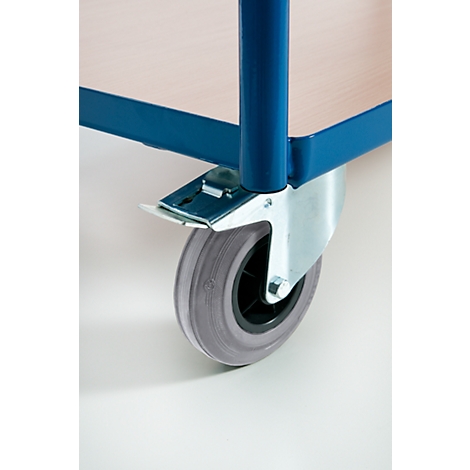 Close-up of a cart with a blue metal frame, wooden top, and gray wheel. The cart is on a light background.