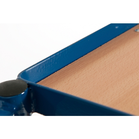 Detailed close-up: Blue metal frame, wooden board with grain.