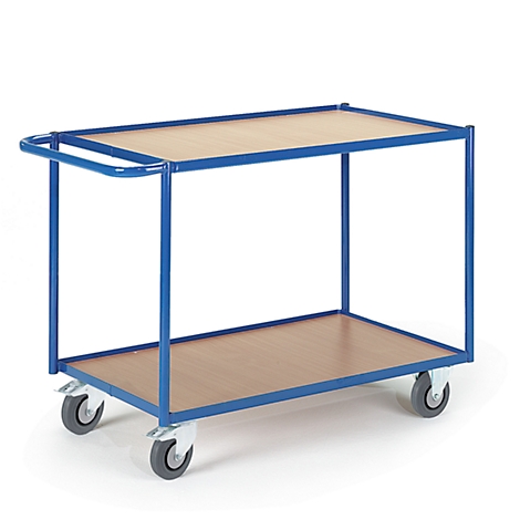 A blue transport trolley with two shelves and castors.