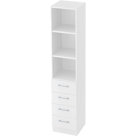 White cabinet with open shelves and drawers.