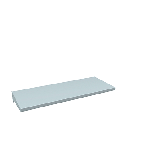 Light gray rectangular shelf against a white background. One edge is slightly bent downwards.