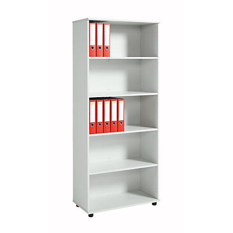 Gray shelf with red folders, against a white background.