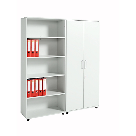White office cabinet combination, open shelves on the left with red folders, cabinet with doors on the right.
