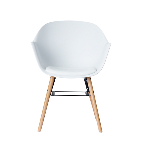 White chair with wooden legs. Round seat, curved back.