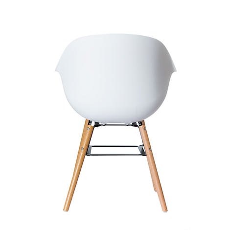 White chair with wooden legs, rear view. The seat shell is oval, the legs are made of light wood.