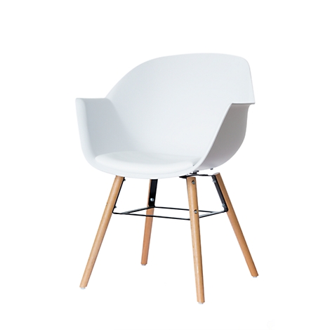 White chair with light wood legs and armrests on a white background.