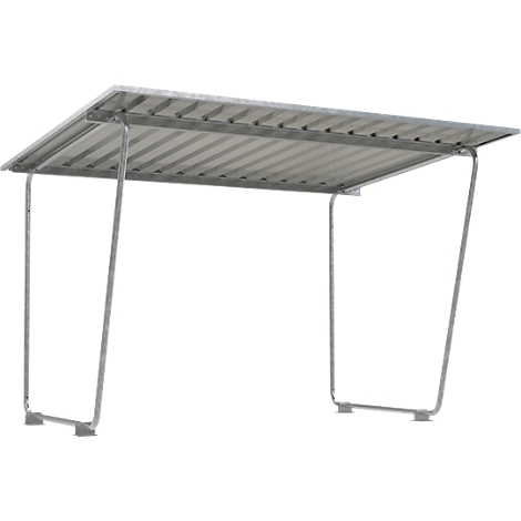 Metal bicycle shelter, grey. The roof is slightly angled. Stand has open sides.
