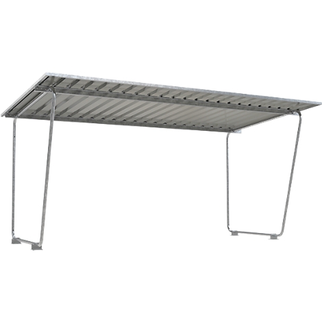 Overhead, gray construction, with corrugated iron roof and metal supports.