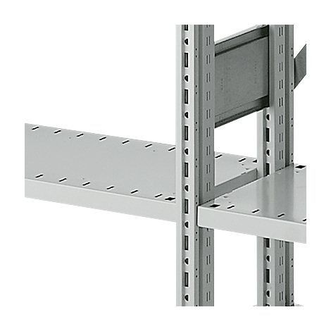 Grey metal shelves, detailed view with holes and struts.