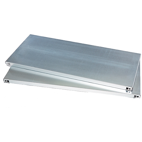 Two metallic shelves, slightly offset on top of each other. The upper shelf is positioned slightly further up and to the right.