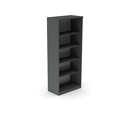 Gray bookshelf with five compartments, isolated against a white background.