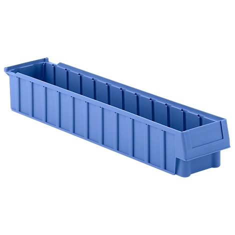 Blue storage box with ribbed structure, slightly angled upwards. It stands on a white background.