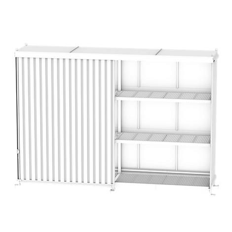 White metal shelving unit with sliding door. Three shelves are visible, design is minimalist.