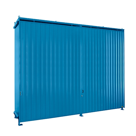 Blue, ribbed metal container with doors, on a white background.