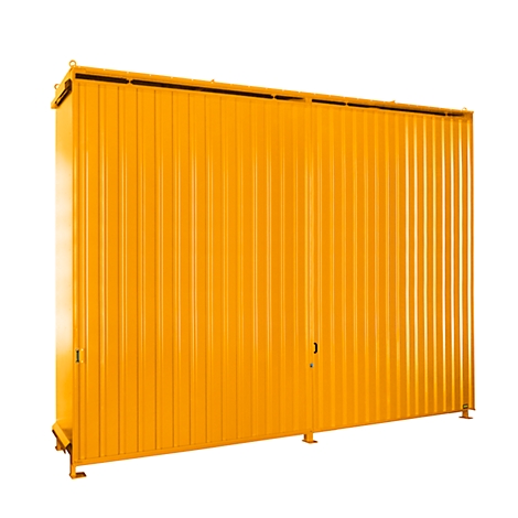 A yellow, corrugated container with doors and feet, against a white background.