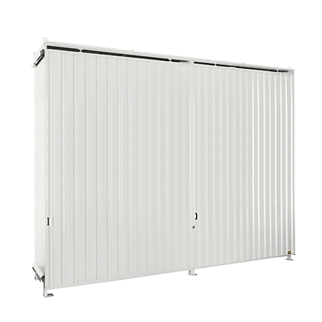 White metal cabinet with a corrugated surface; door with a handle and lock.
