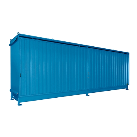 Blue, ridged metal container with doors, against a white background.