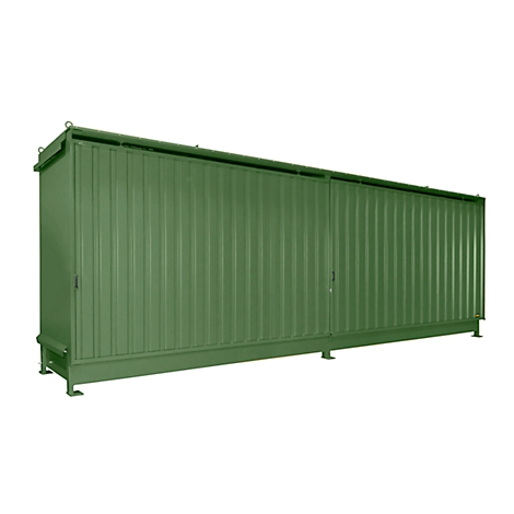 Green metal cabinet with ridged surface, doors, and feet, against a white background.