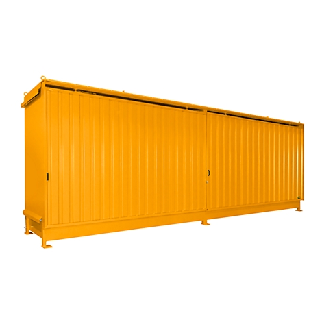 Yellow, corrugated container against a white background. Two sliding doors, narrow roof strip, feet.