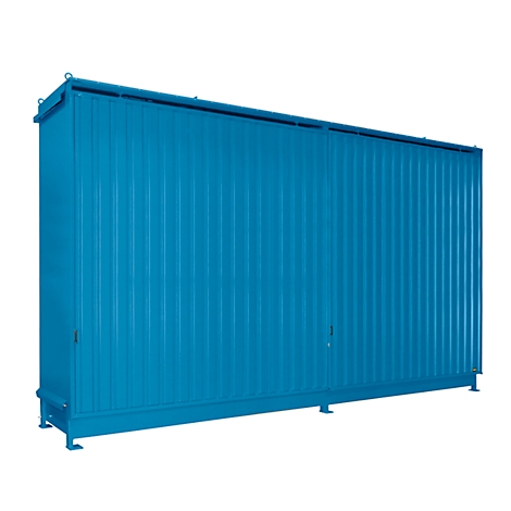 Blue, ribbed container against a white background. Two doors, a small handle, rings at the top.