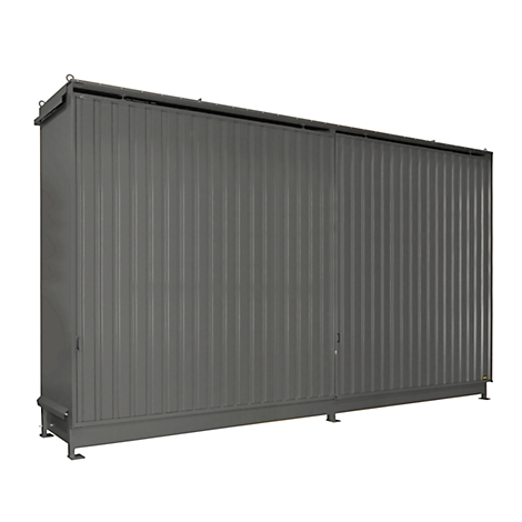 Gray, corrugated steel container with doors and ventilation slits at the top.