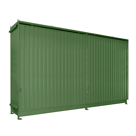Green container with vertical grooves and doors, against a white background. A sturdy, rectangular design.