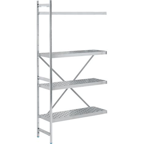 A silver metal rack with four perforated shelves. Blue rubber studs are attached to the corners.