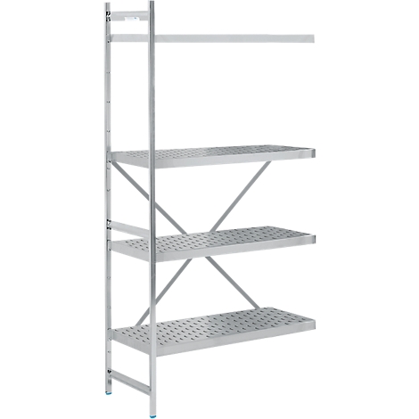 A metal shelving system, consisting of four shelves, with a diagonal bracing.