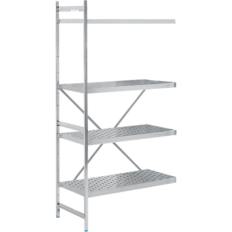 Silver shelf with four perforated shelves and support struts.