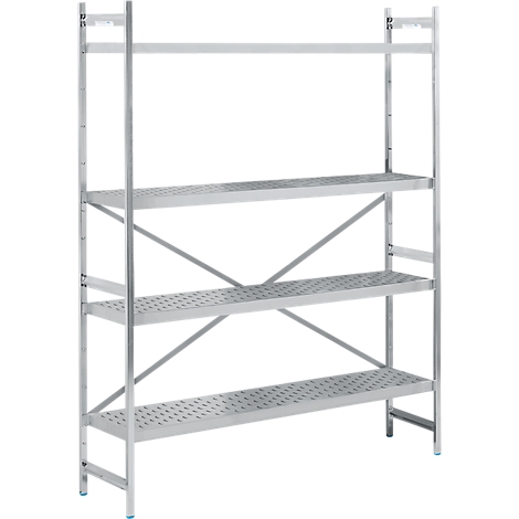 A silver metal shelf with four shelves, diagonal struts, and perforated shelves.