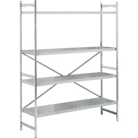 Stainless steel shelf with three shelves and perforated sheet metal. Gray metal structure. Horizontal view.