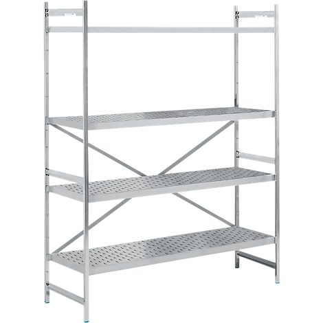 A silver metal shelf with three perforated shelves stands against a white background.