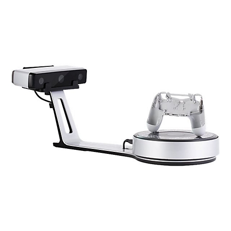 Ein 3D-Scanner mit Halterung erfasst einen grauen Controller-Rahmen auf einem rotierenden Drehteller.