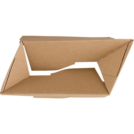 Brown cardboard box with a rectangular opening, top view. The box is folded, with angled corners.