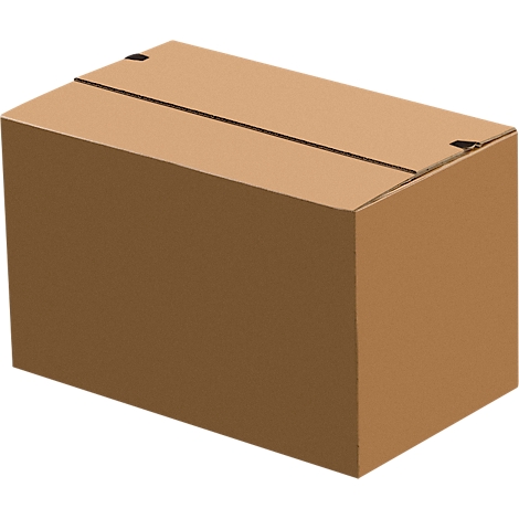 A closed, brown cardboard box. Lid slightly open, with incisions. Rectangular shape, simple.
