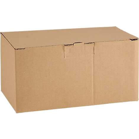 Brown cardboard box. Lid closed, with slot for closing.