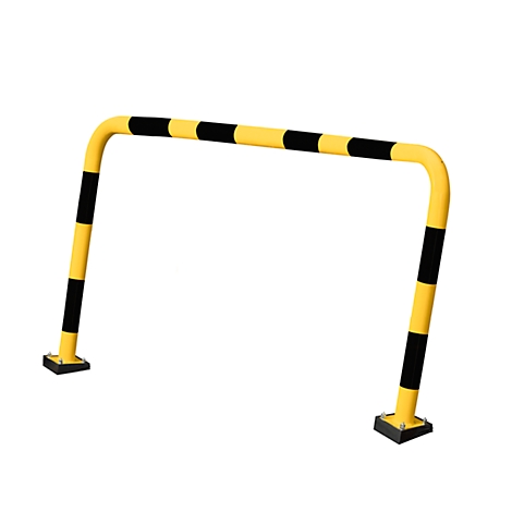 Yellow and black safety barrier. Square feet, rounded corners, black and yellow stripes.