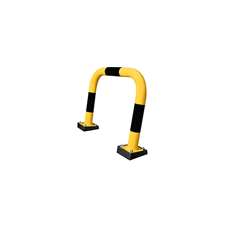 Yellow and black parking barrier on a white background. U-shaped bracket with black stripes.