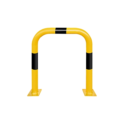 Yellow safety barriers with black stripes. The bars stand on a square base plate and are depicted on a white background.