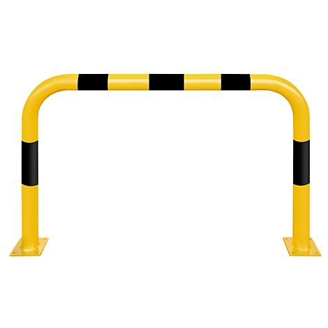 Yellow and black impact protection against a white background. The protection is made of yellow steel with black stripes and a U-shape.