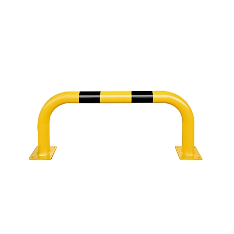 Yellow safety bar with black stripes. Rectangular feet. Curved shape.