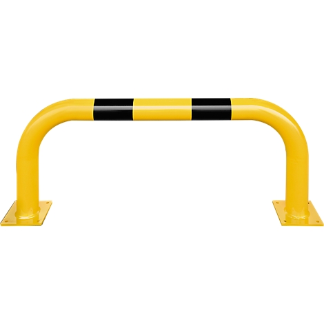 Yellow, U-shaped bollard with black stripes. The wide feet are square.