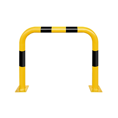Yellow safety barrier with black stripes. Upright, square at the feet, curved at the top.